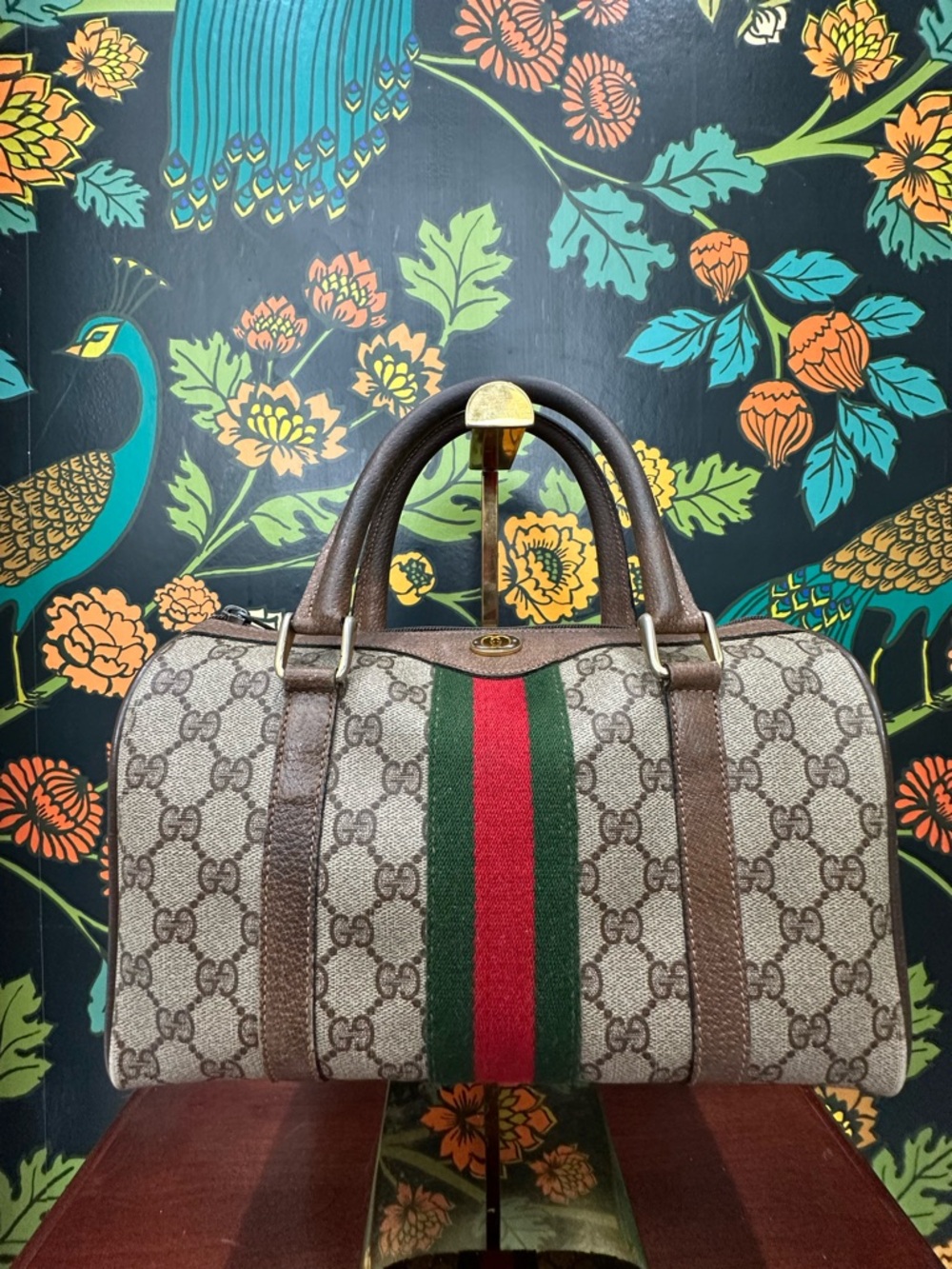 Vintage Gucci GG Supreme Boston Mini Bag Sherry Line Web Stripe 70s Italy - Picture 4 of 15